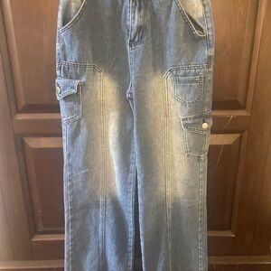 Women's Blue Denim Cargo Jeans - HighRise Straight Leg Utility Pants